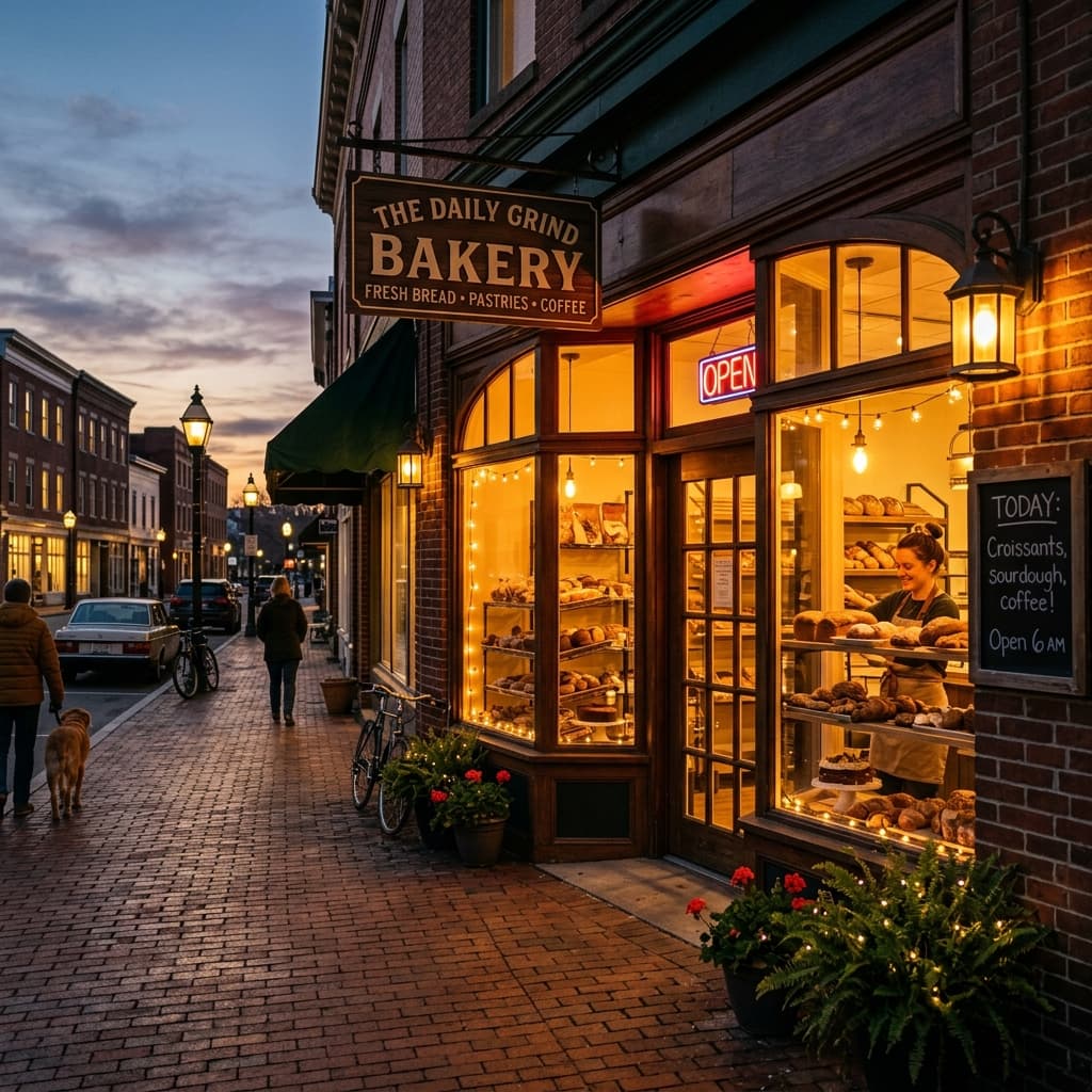 Warm local neighborhood bakery at dawn