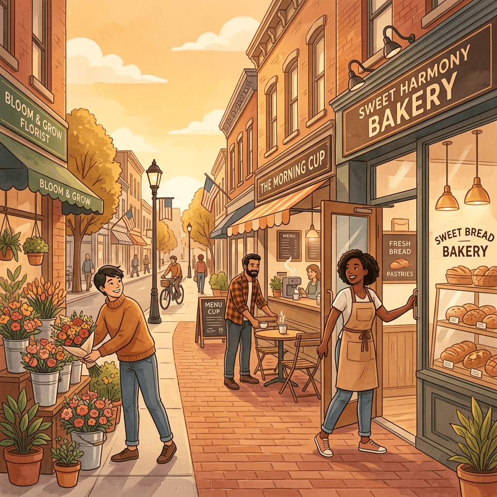 Diverse small business owners on a charming main street — bakery, coffee shop, florist