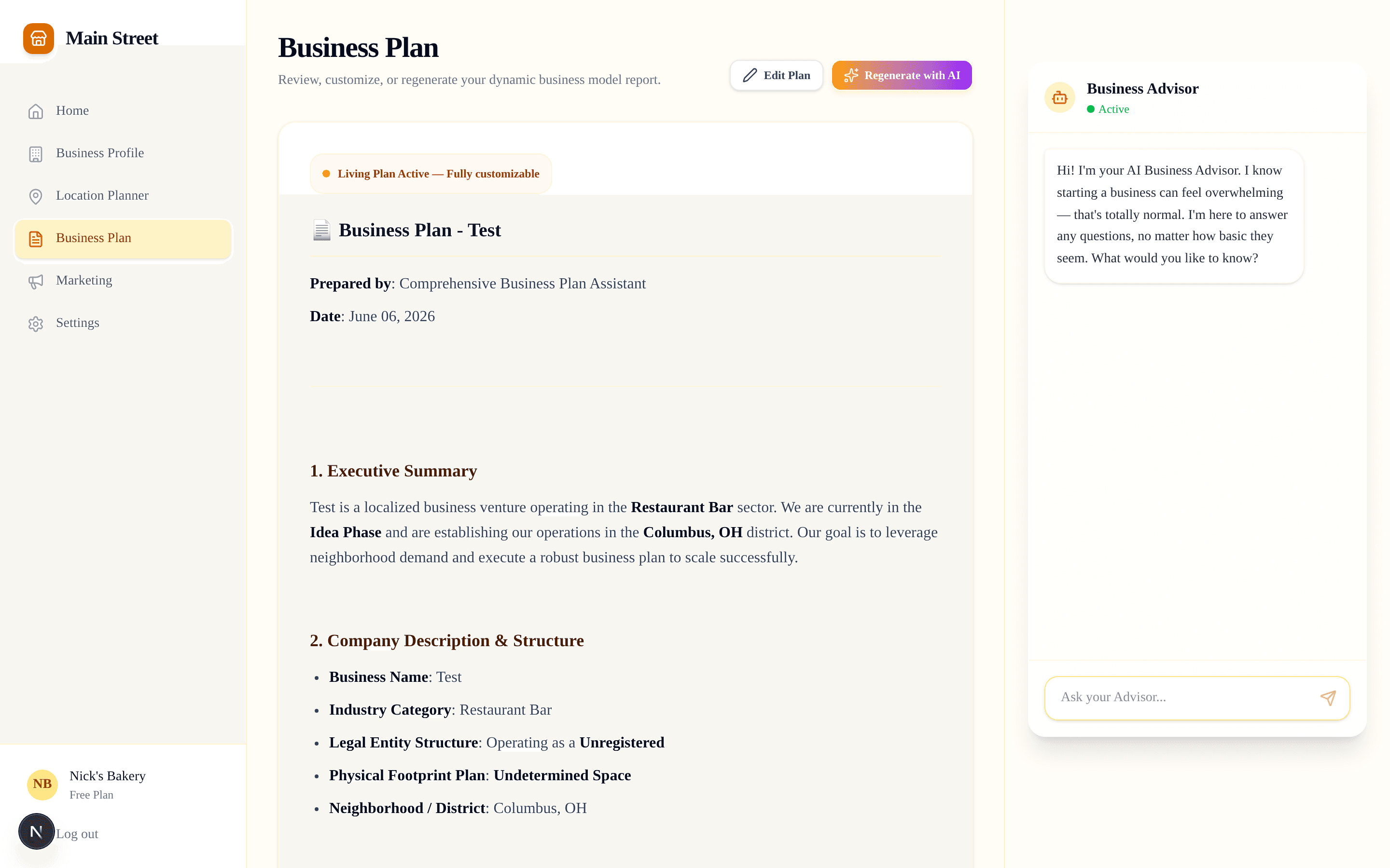 AI-generated business plan with market analysis and financial projections