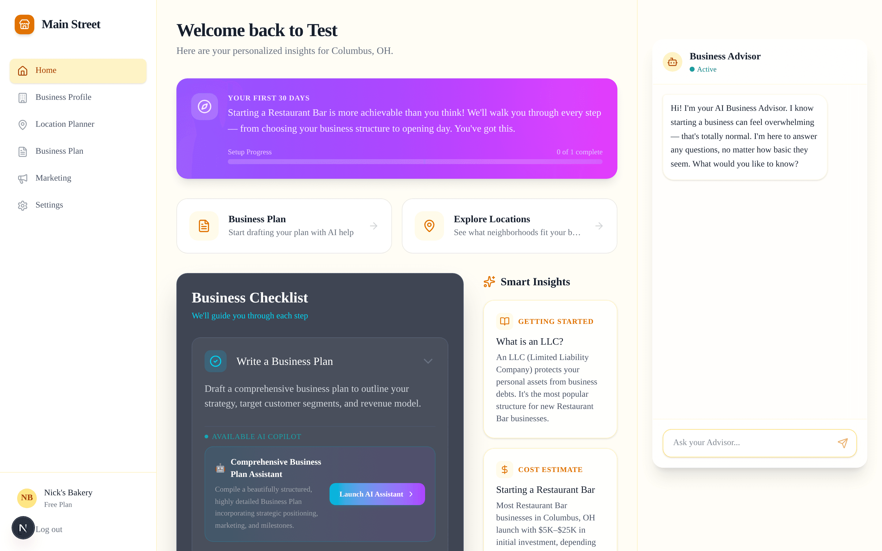 Personalized dashboard with checklist, insights, and AI advisor
